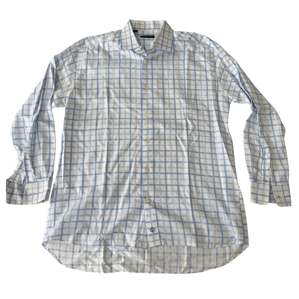 David Donahue Dress Shirt Men 17.5 34/35 Blue White Windowpane Dobby Work Preppy
